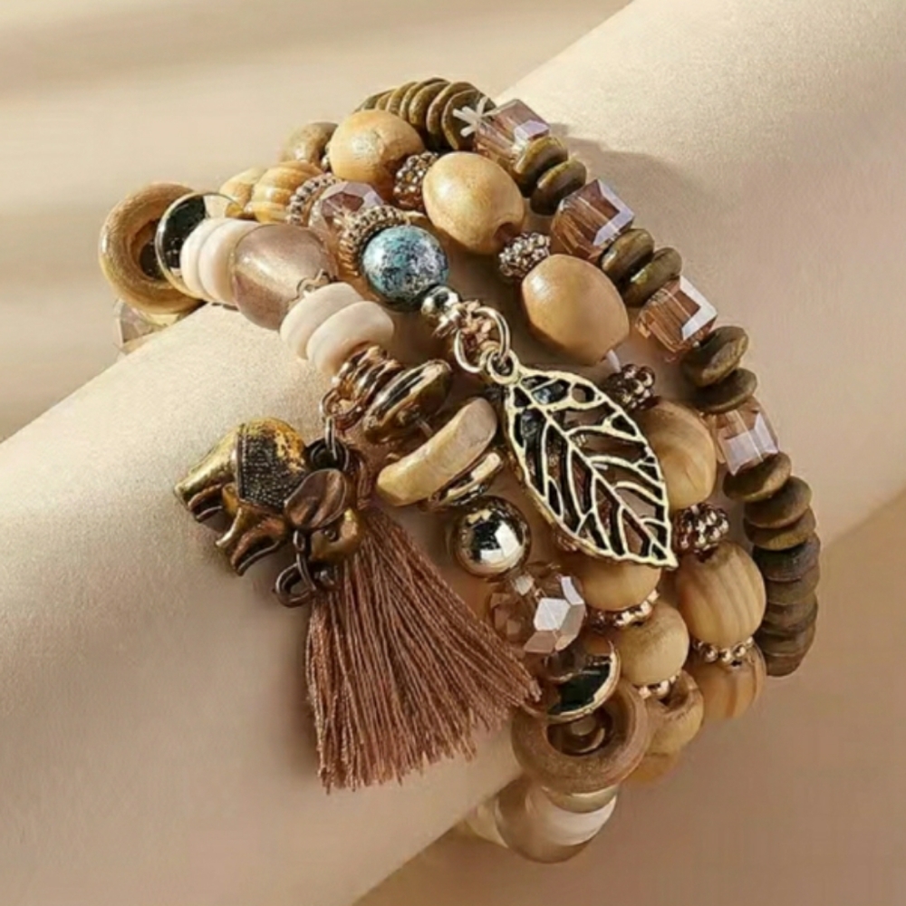 Elephant Leaf Tassel Wood Beads Stretch Bracelet Set NEW!